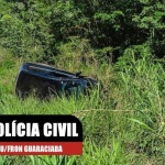 Foto divulgada pela Polícia Civil mostra o local do acidente e a posição em que ficou o veículo que a vítima conduzia. (Foto: Divulgação / Polícia Civil)