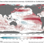 Média das anomalias de temperatura da superfície do mar (TSM) durante o mês de agosto de 2026. Fonte: Bureau of Meteorology (BOM).
